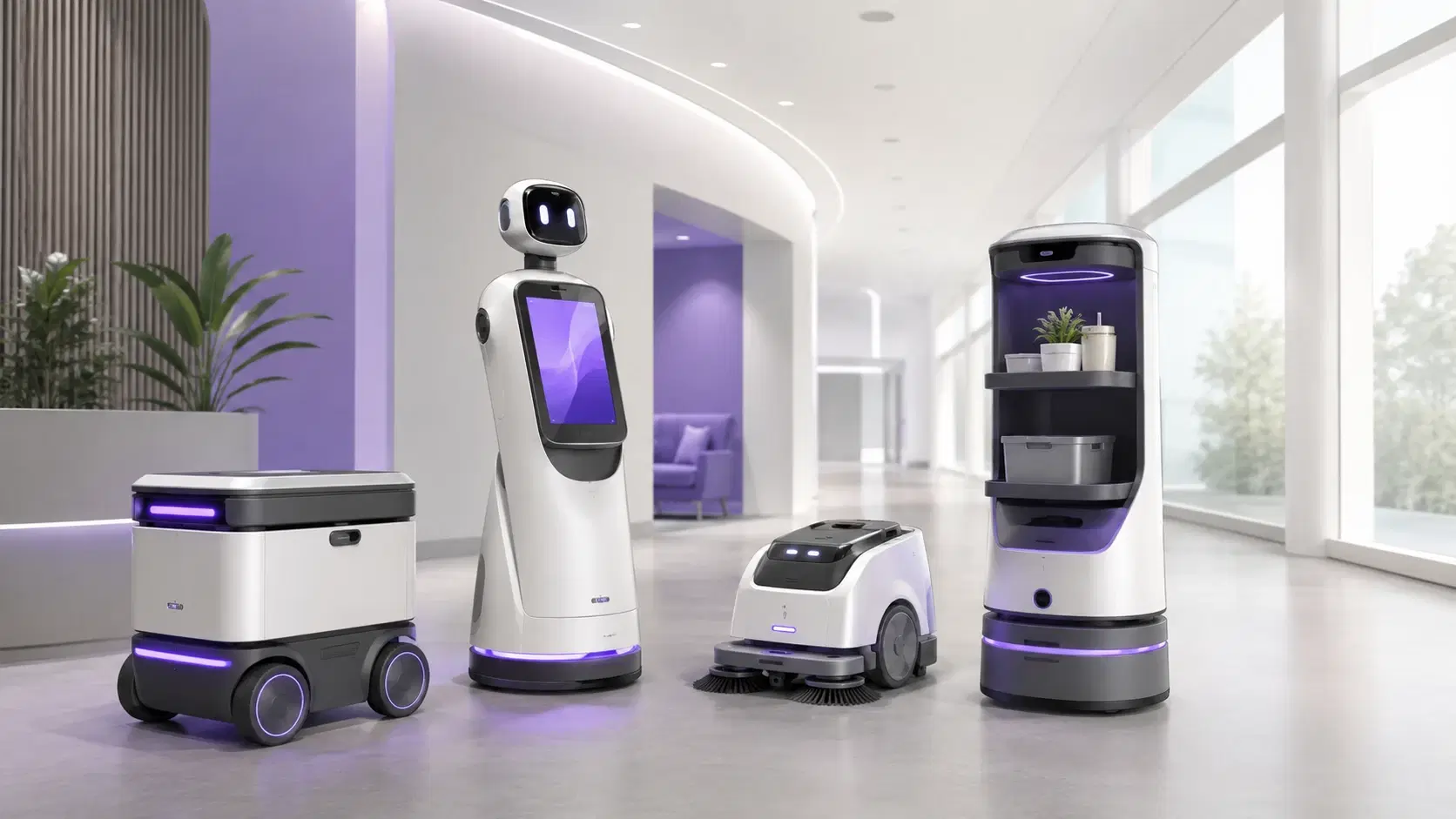 Service robot in a hospital corridor, coordinated by the Athegus platform