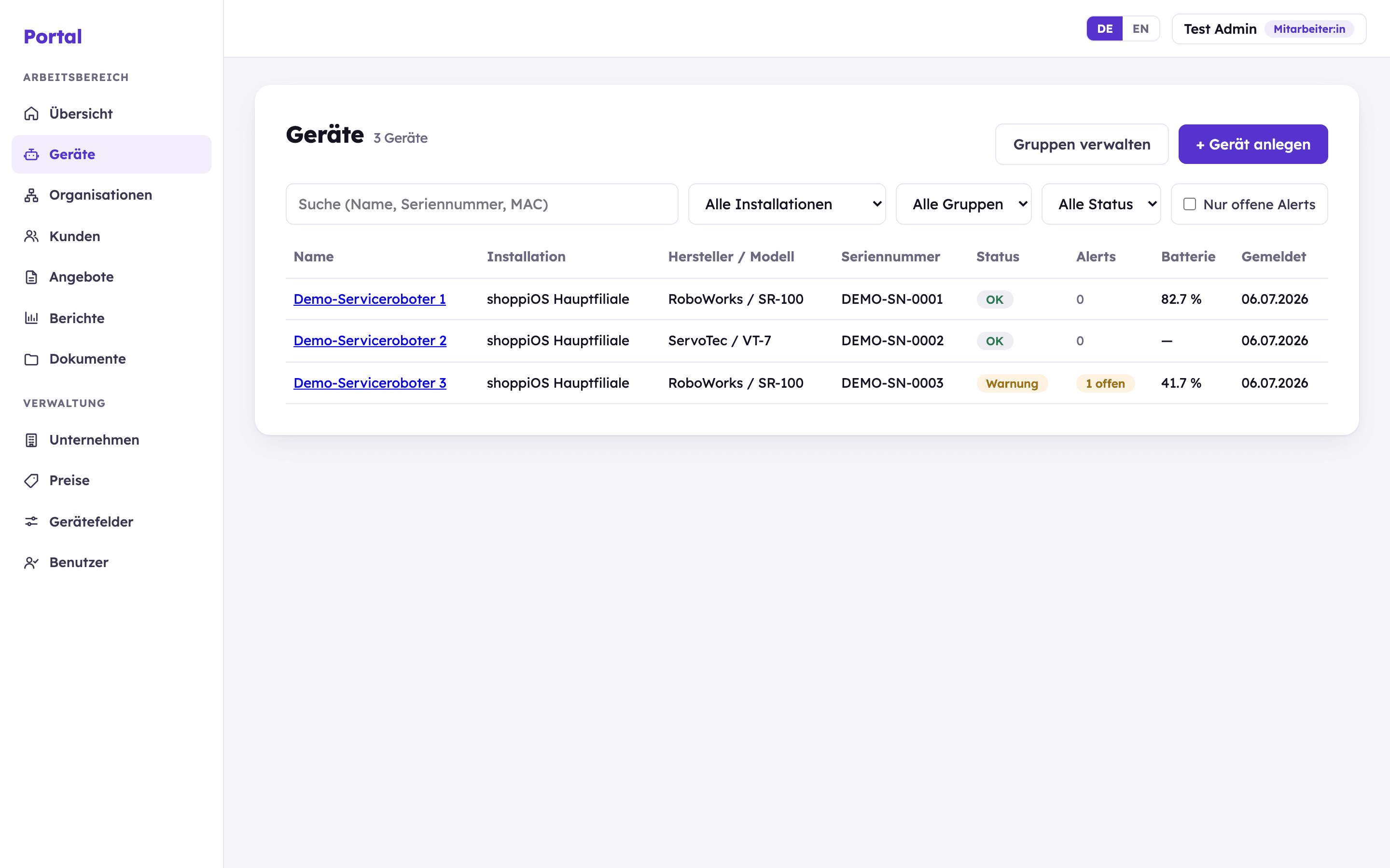Portail PartnerHub : liste des appareils avec statut en direct, batterie et alertes