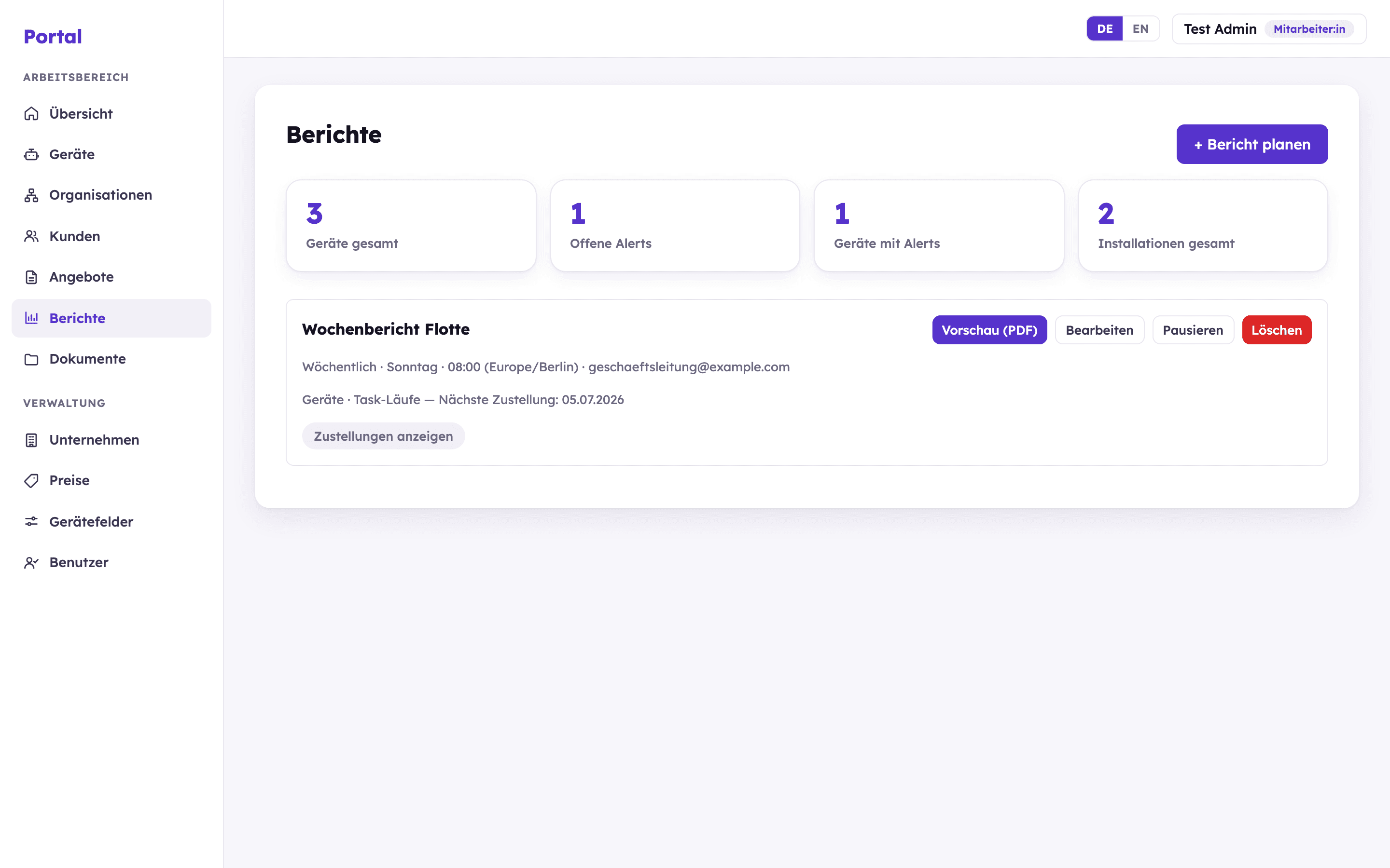 Portail PartnerHub : rapports planifiés avec planning et aperçu PDF